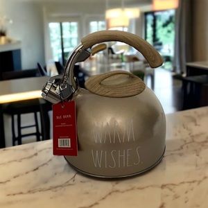 Rae Dunn "Warm Wishes" Gold Tea Kettle 2.5 Quart White Brown Christmas NEW